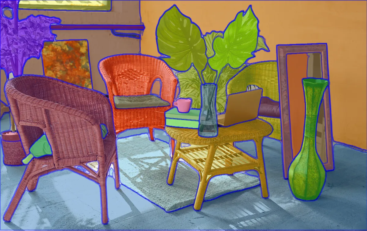 decorative interior with wicker furniture and houseplants with segmentation mask overlay